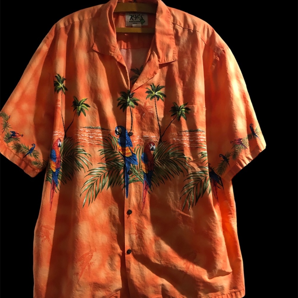 Men’s Hawaiian Aloha Short Sleeve Shirt Orange Parrots Vacation